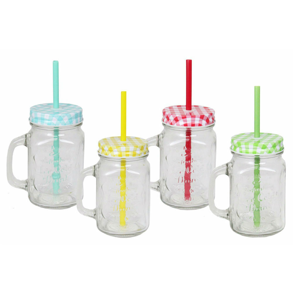 Conjunto de 4 Canecas em Vidro com Tampa E Canudo 500 ml Coloridas - Boacoisa